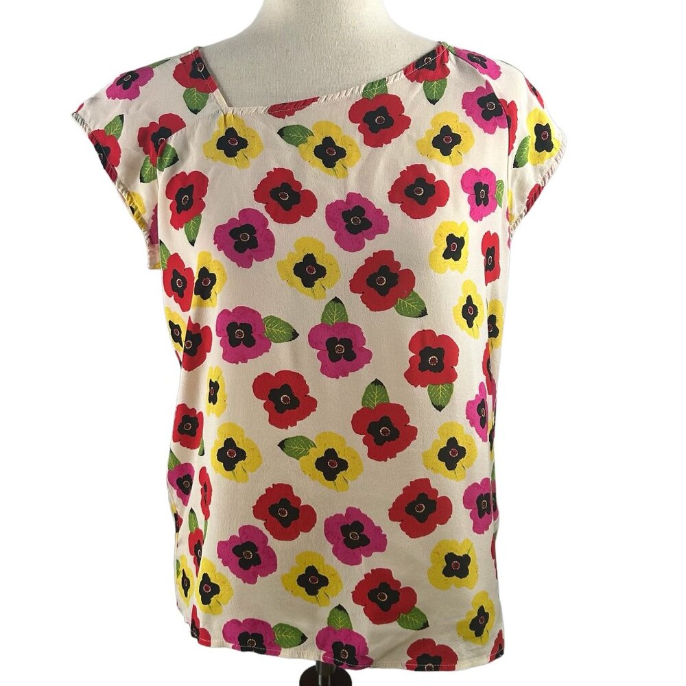 TUCKER 100% Silk Pansy Print Blouse Size Small